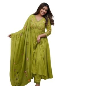 Women's Cotton Embroidered Long Anarkali Kurti with pant and Dupatta Set