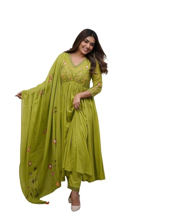 Women's Cotton Embroidered Long Anarkali Kurti with pant and Dupatta Set